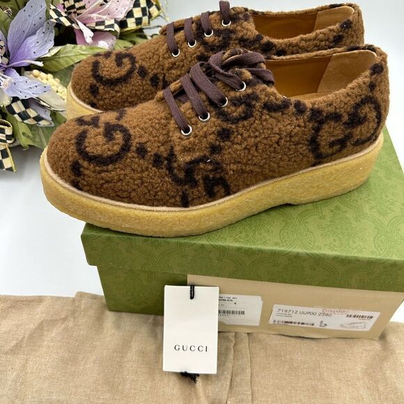 Men’s Gucci wool Shearling lace up shoes size 8, made in Italy - Picture 4 of 9